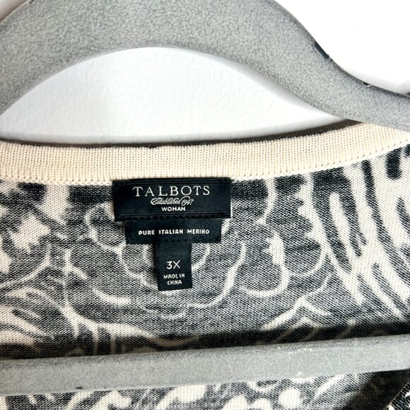 Talbots Black White Floral Pure Italian Merino Wool Button Front Caridgan Sz 3X - Picture 2 of 4